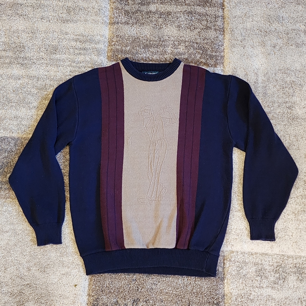Vintage Carmel Sweater Men's Large Golf Knit Pullover Navy Maroon 90s Style USA